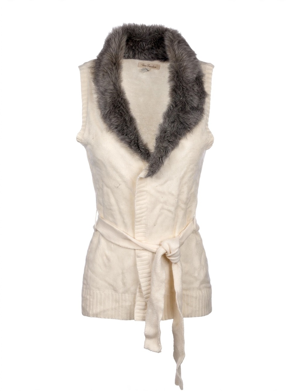 True Freedom Cream Knit Belted Vest Sweater - Faux Fur Shawl Collar - Size Med